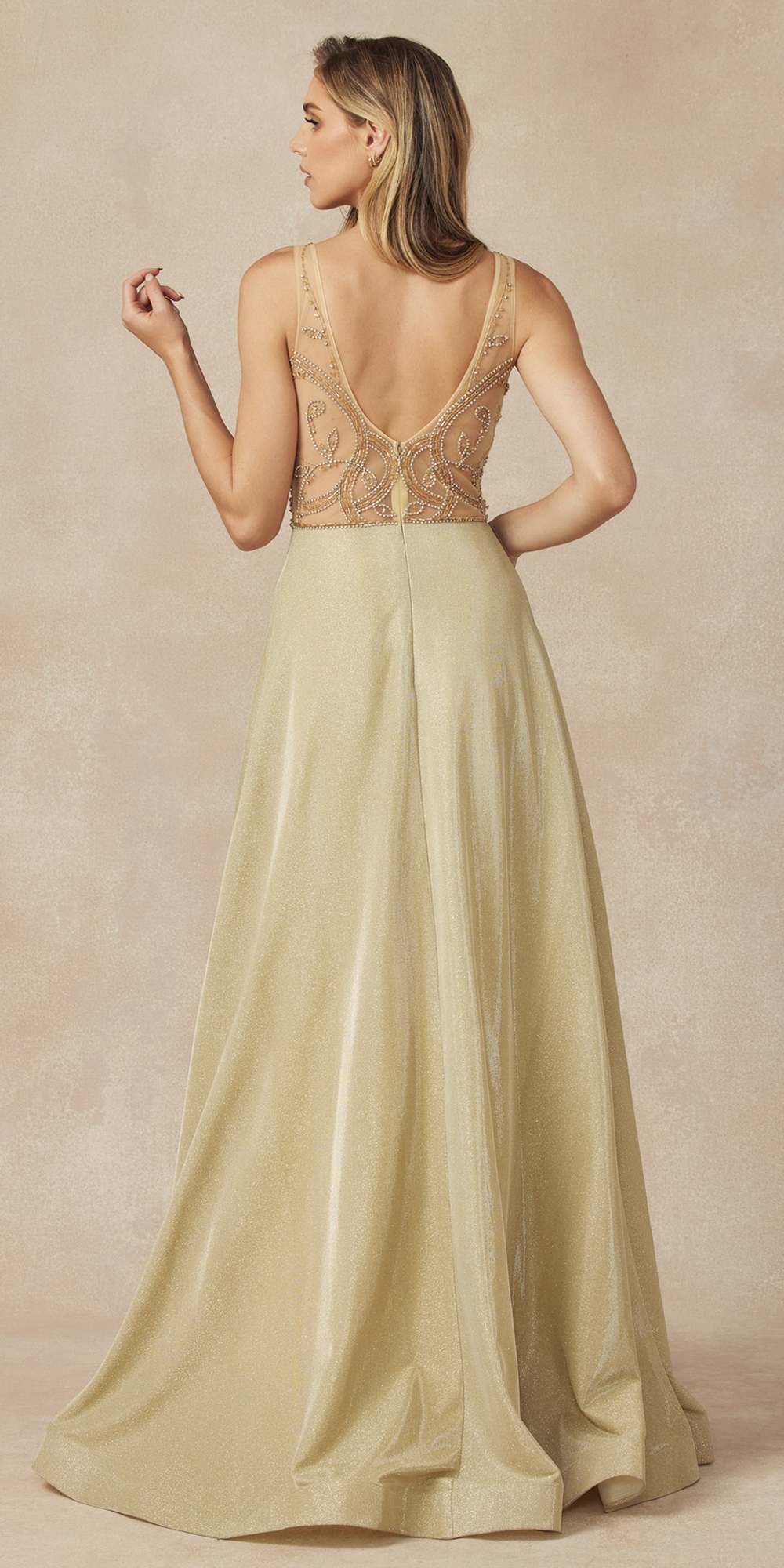Metallic glitter sleeveless dress with embellished back and V-neck bodice, gold tone