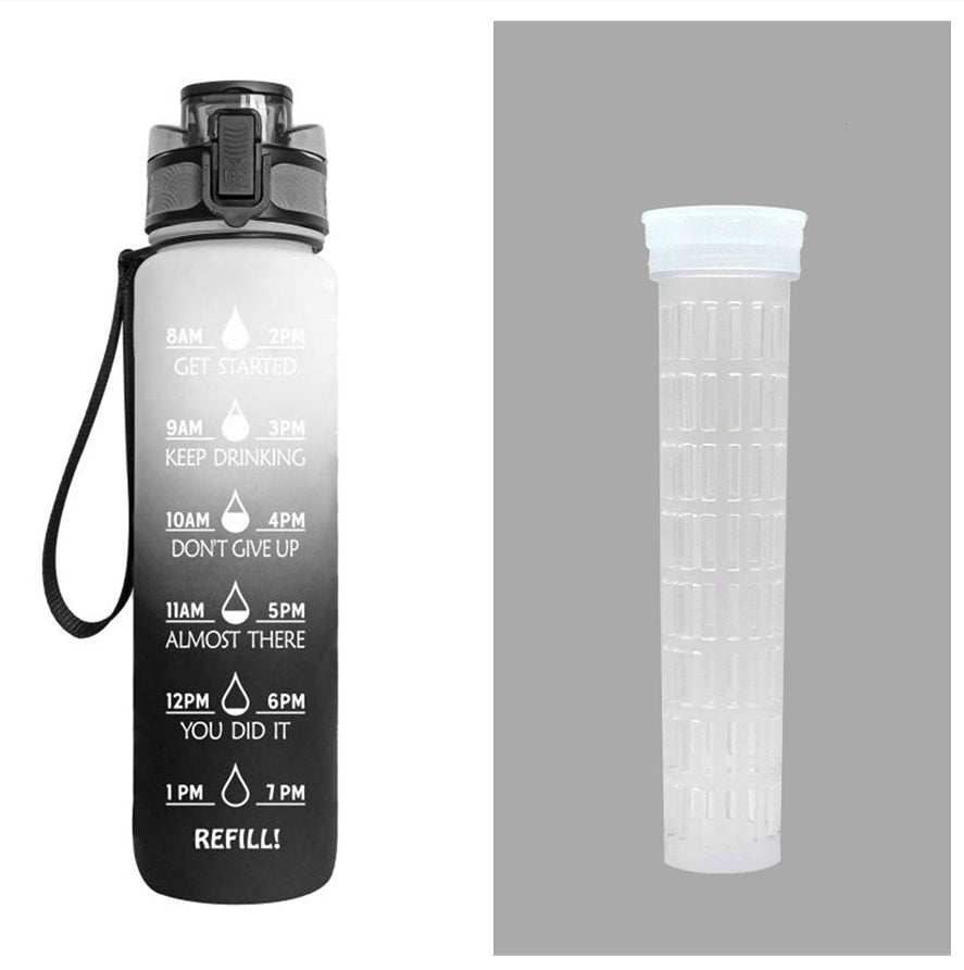 1L time-marker water bottle in black with motivational schedule and carry strap, dark cap