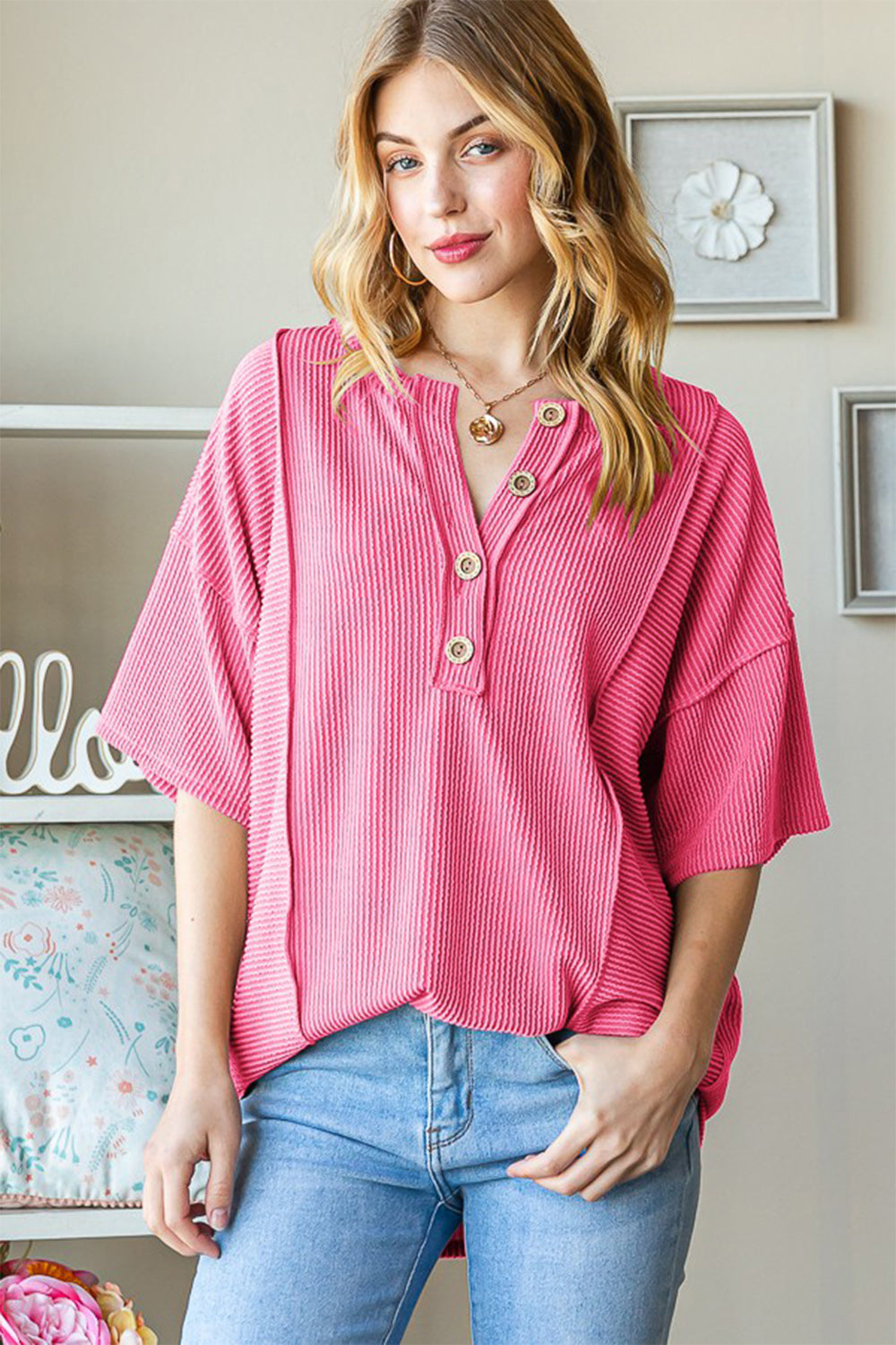 Ribbed Drop Shoulder Top with Half Buttons