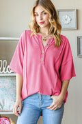 Ribbed Drop Shoulder Top with Half Buttons