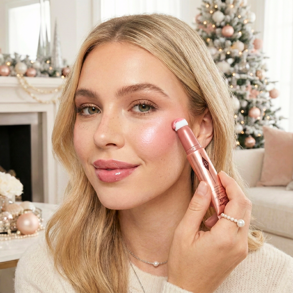Woman holding rose-toned lipstick and wearing glossy pink lips