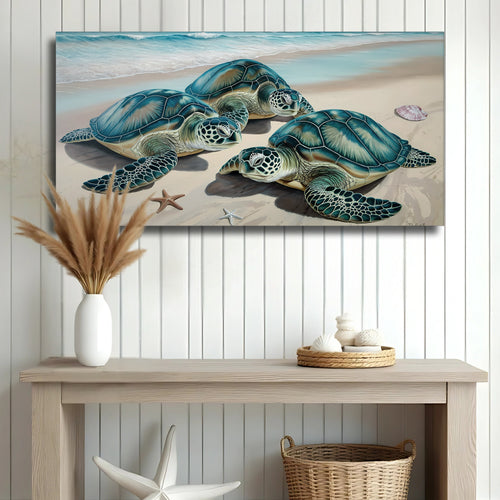 Sea turtle coastal wall art canvas with four turtles on sandy beach and ocean waves