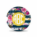 Set of 2 car coasters with navy floral design and gold monogram circle