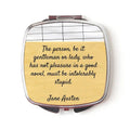 Jane Austen compact mirror with quote on tan cover and silver hinged frame