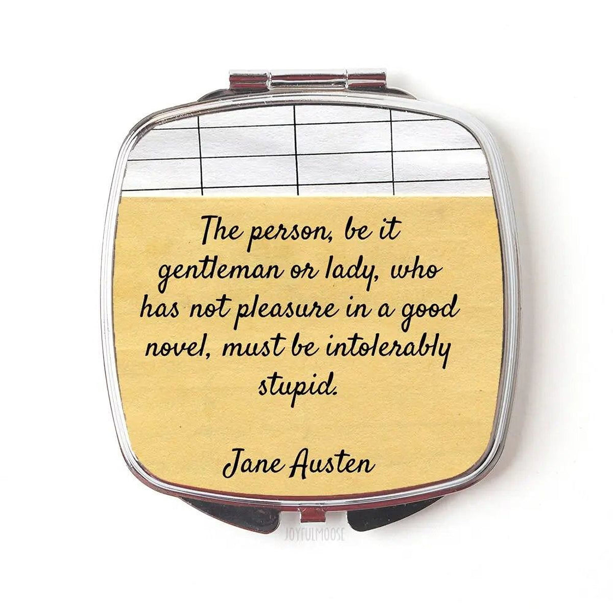 Jane Austen compact mirror with quote on tan cover and silver hinged frame