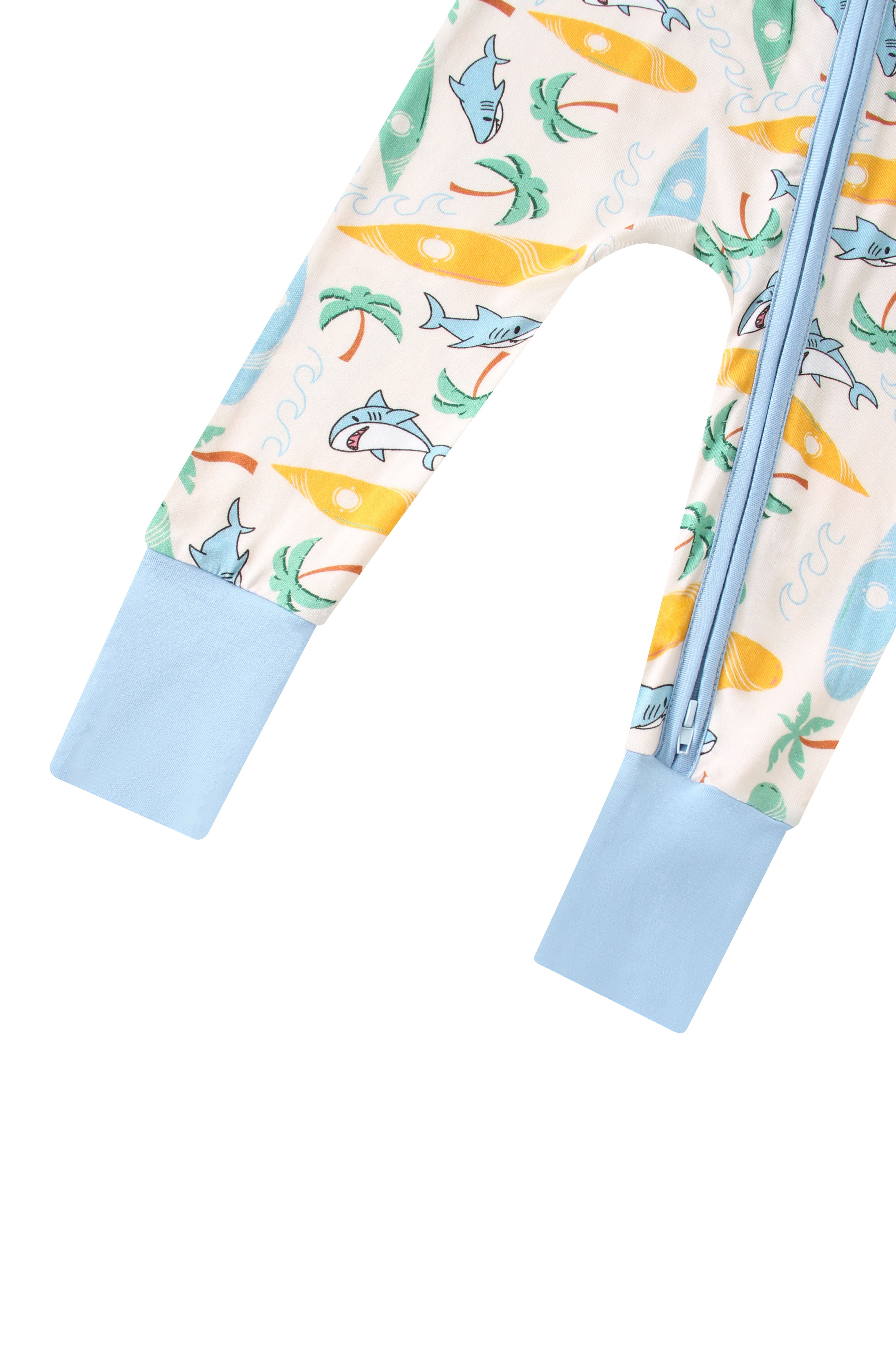 Baby romper legs and zipper placket, cream with sea-animal print and light blue cuffs