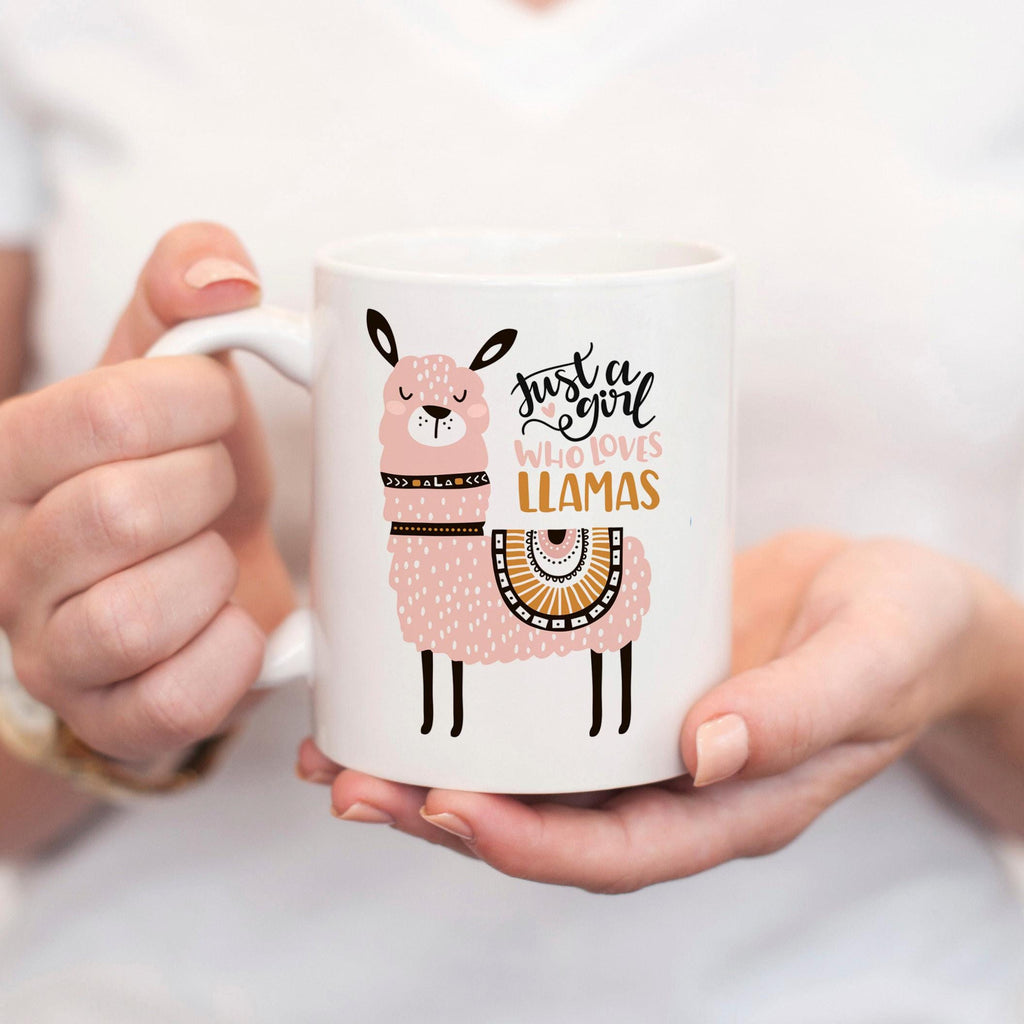 Ceramic mug with cute llama graphic and 'Just for you who loves llamas' text