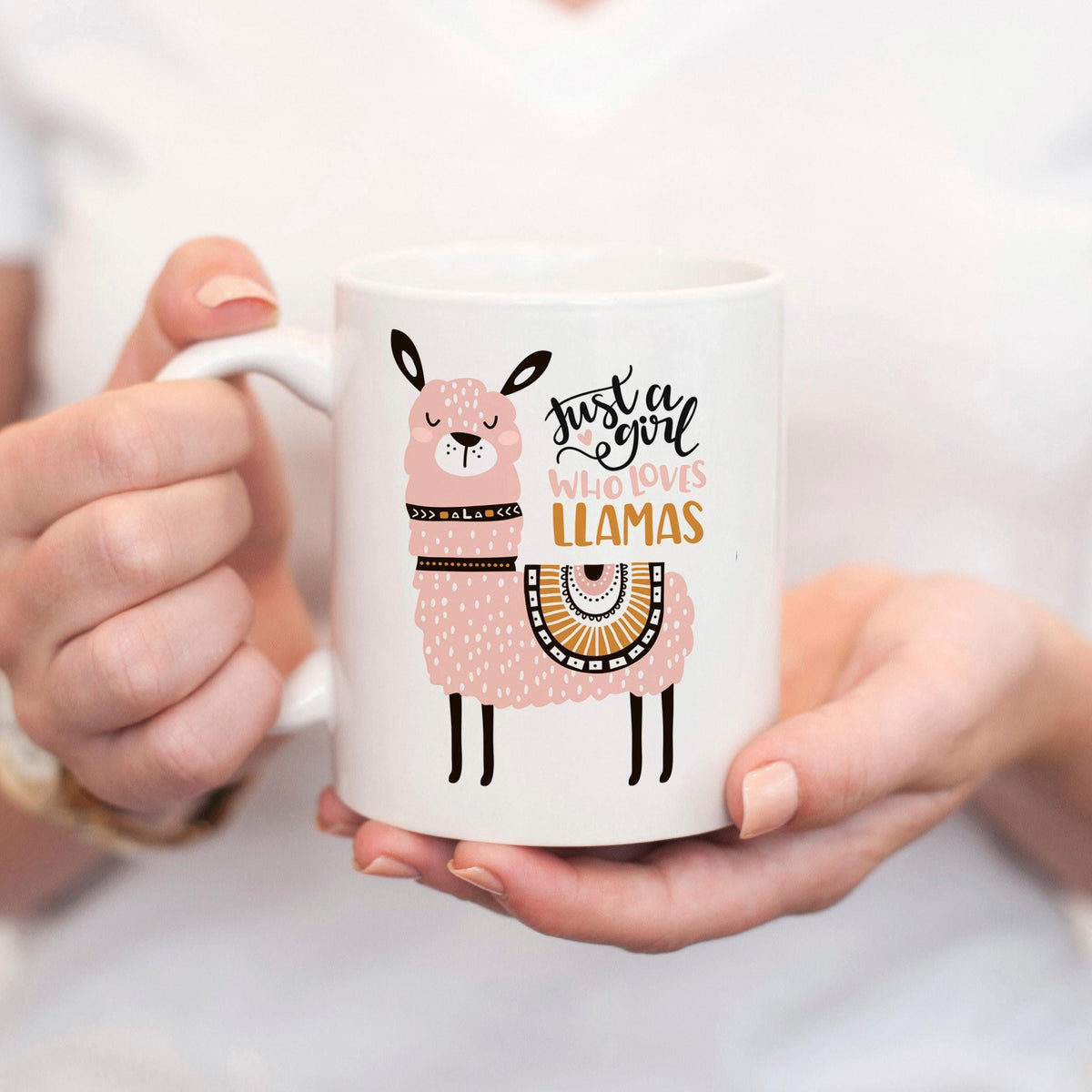 Ceramic mug with cute llama graphic and 'Just for you who loves llamas' text