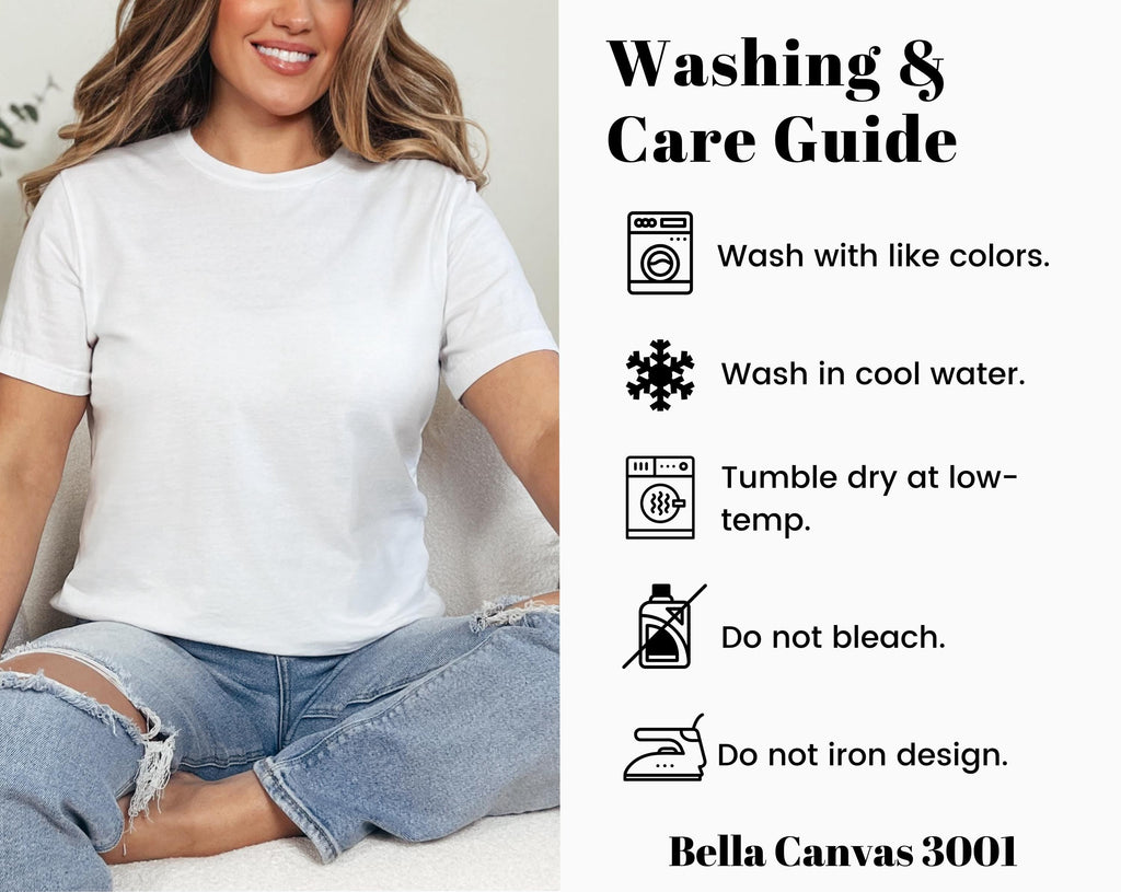 Washing and care guide for Bella Canvas 3001 with wash, tumble, and no-iron icons