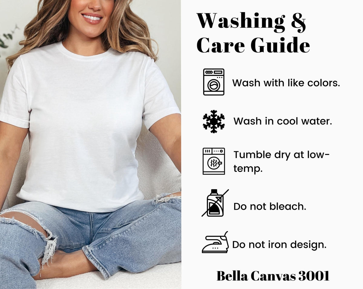 Washing and care guide for Bella Canvas 3001 with wash, tumble, and no-iron icons