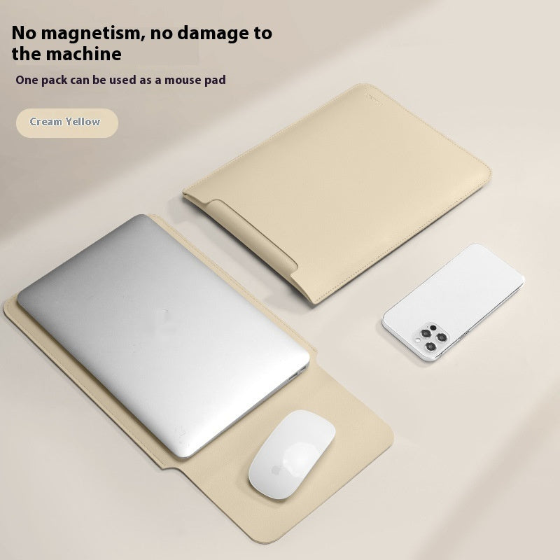 Cream yellow laptop sleeve with wraparound flap and side opening