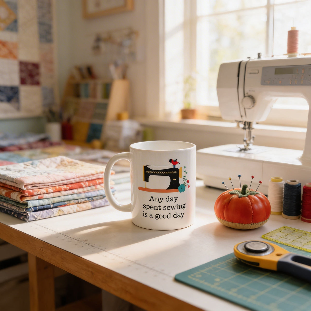 White sewing coffee mug featuring a sewing machine illustration and quote on front