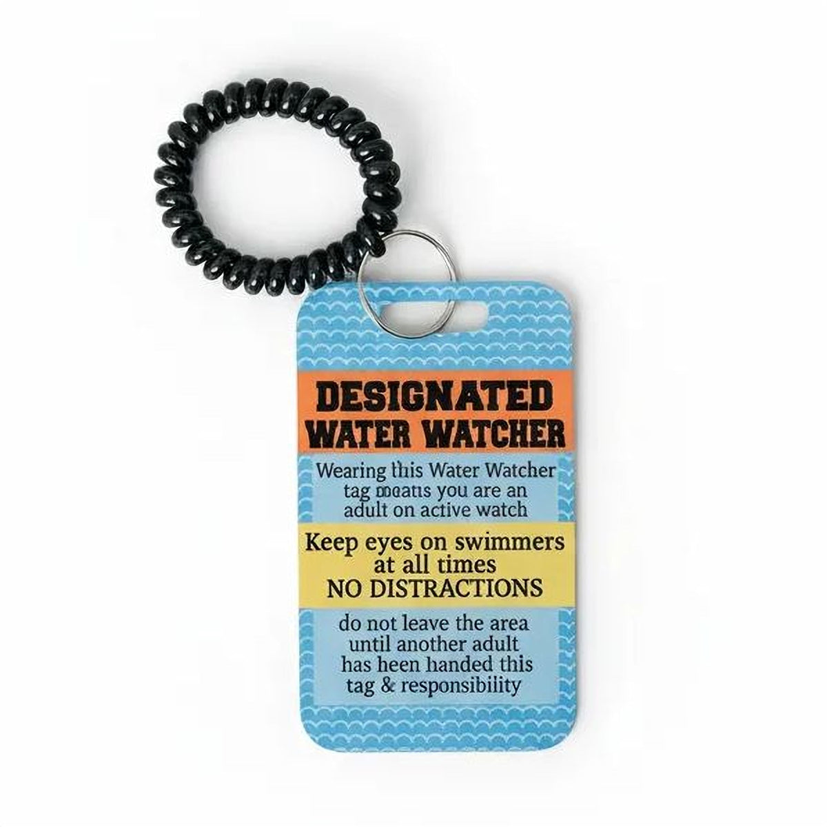 Pool safety badge tag with black beaded lanyard and blue card for water watcher
