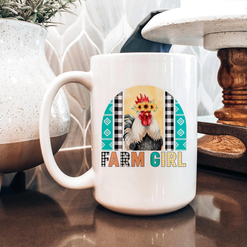 White ceramic mug with rooster and sunflower crown artwork and Farm Girl text