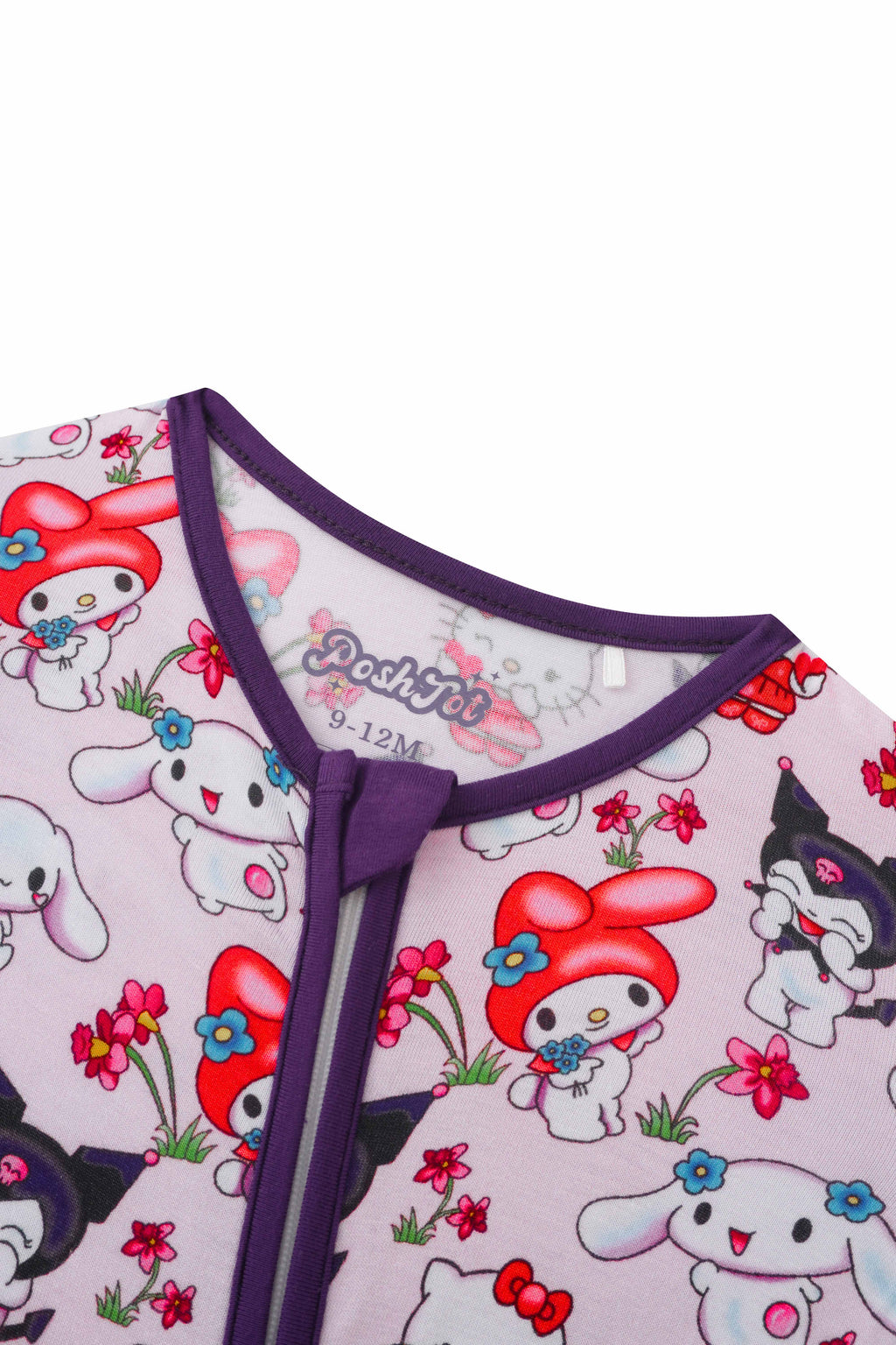 Baby romper neckline with purple trim and character print buttonless zip front