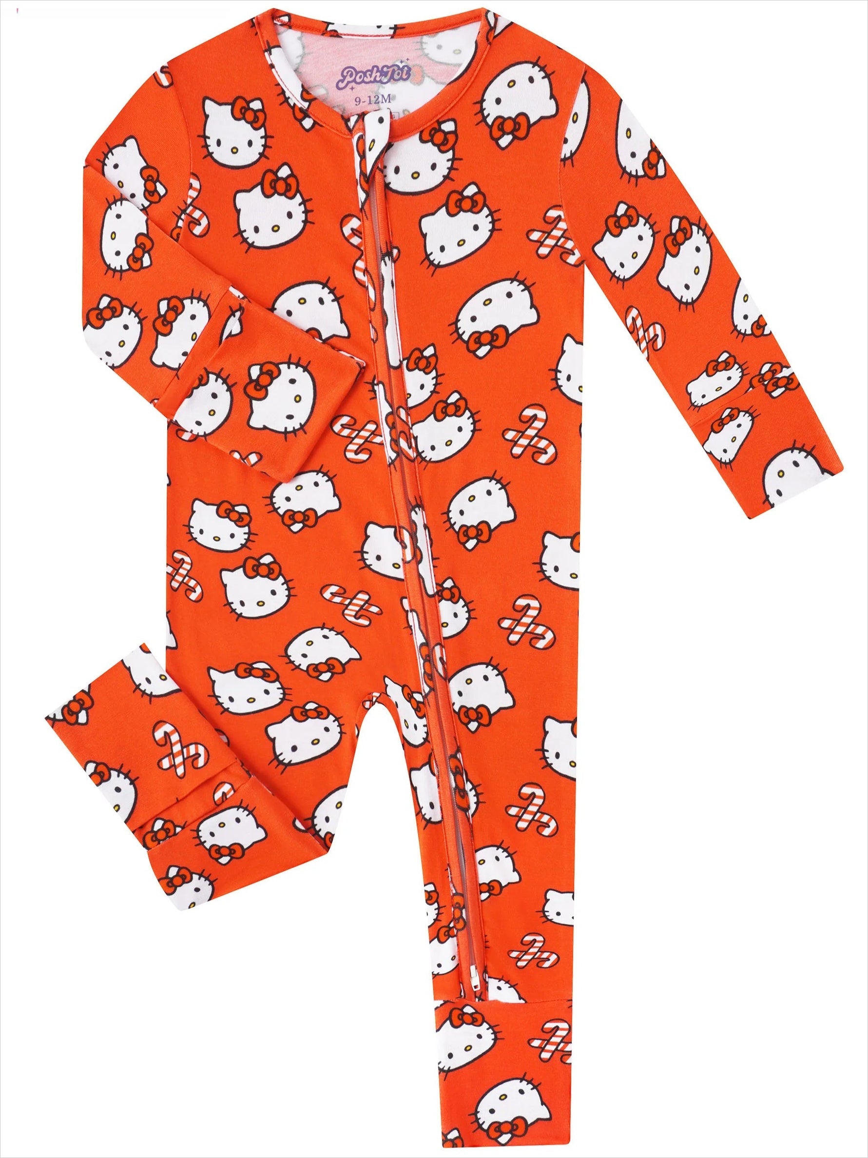Red Hello Kitty bamboo baby romper with full-body zipper and allover cat print