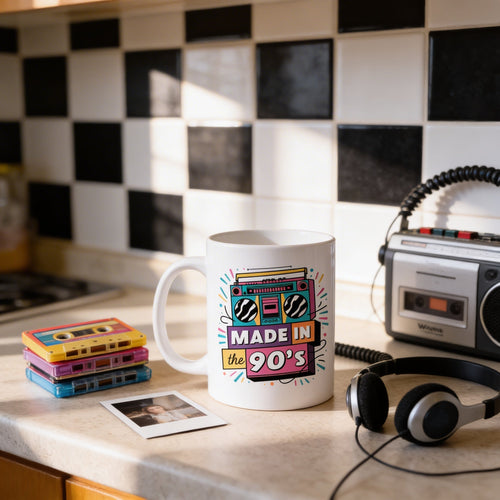 White ceramic mug with front “Made in the 90’s” boombox design, shown on counter