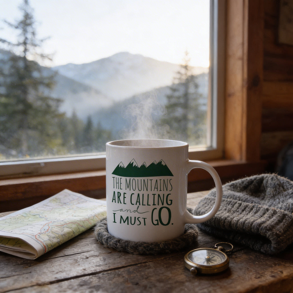 White ceramic camping coffee mug with green mountain quote on front
