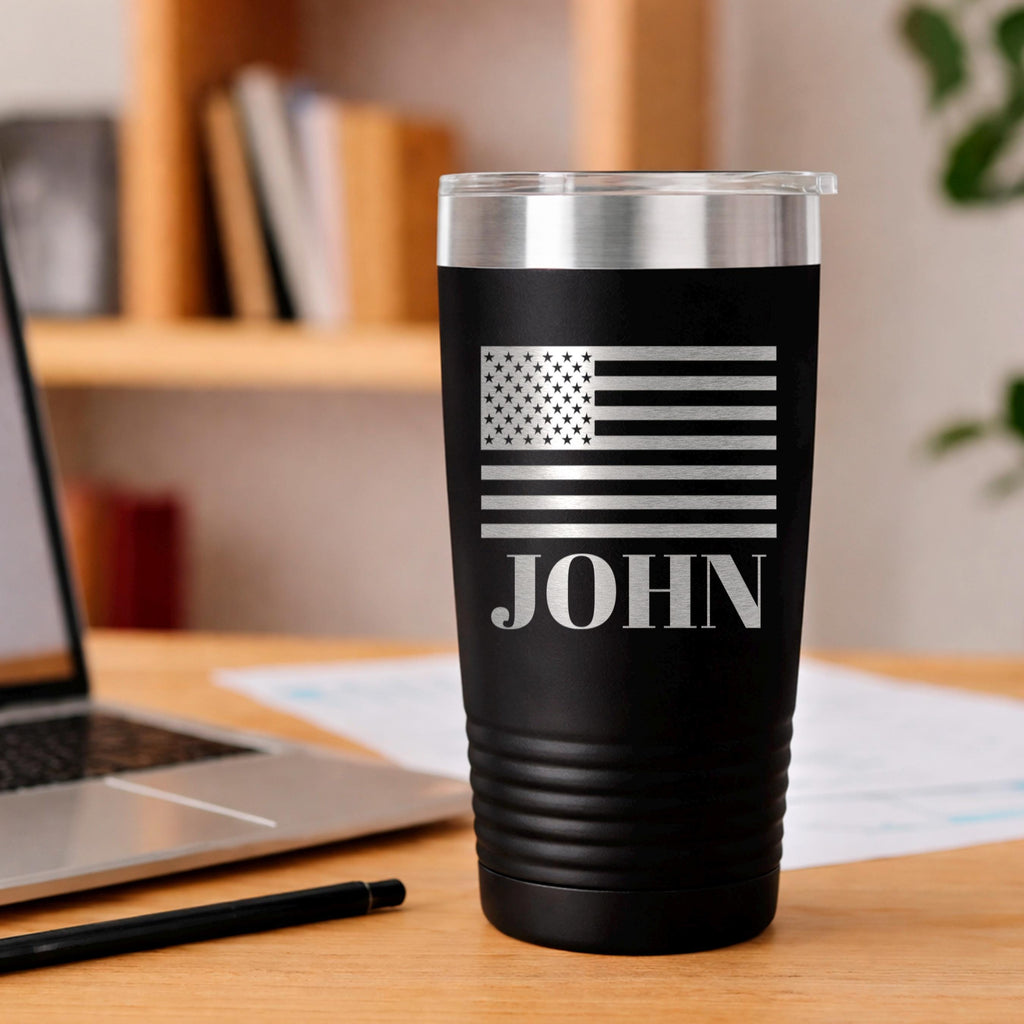 Insulated tumbler with black wrap, patriotic flag decal and 'JOHN' name