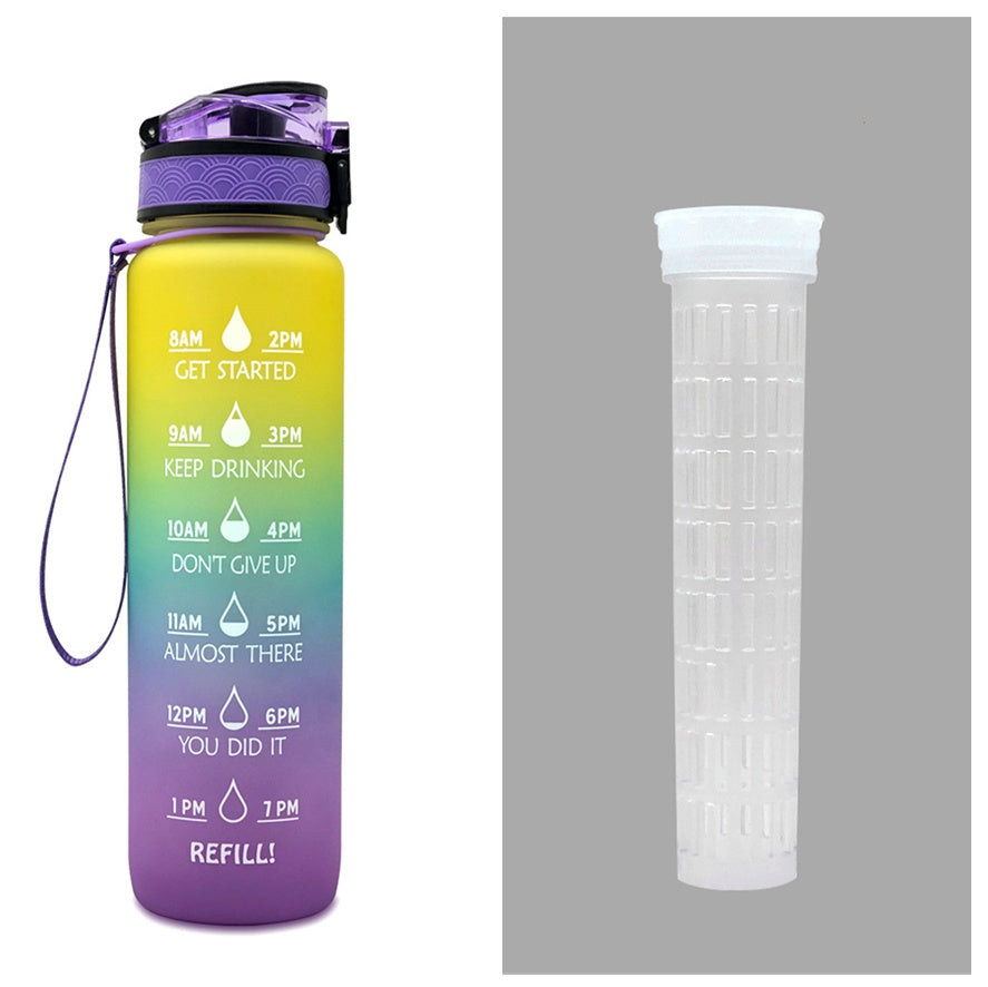 1L time-marker water bottle in yellow-to-purple gradient with motivational schedule and carry strap
