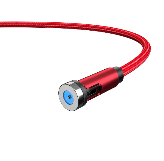 Red charging cable with circular magnetic connector and blue-tinted metal ring