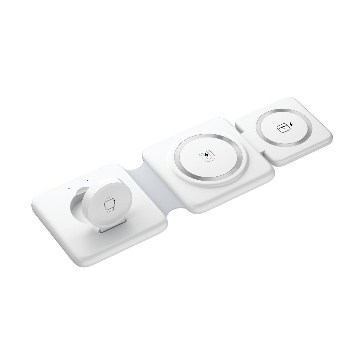3-in-1 folding magnetic wireless charger in white with three circular charging pads