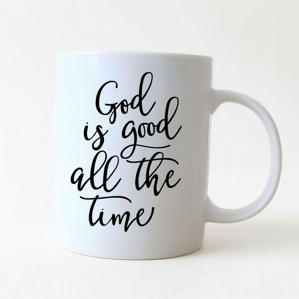 White ceramic coffee mug with 'God is good all the time' script on front