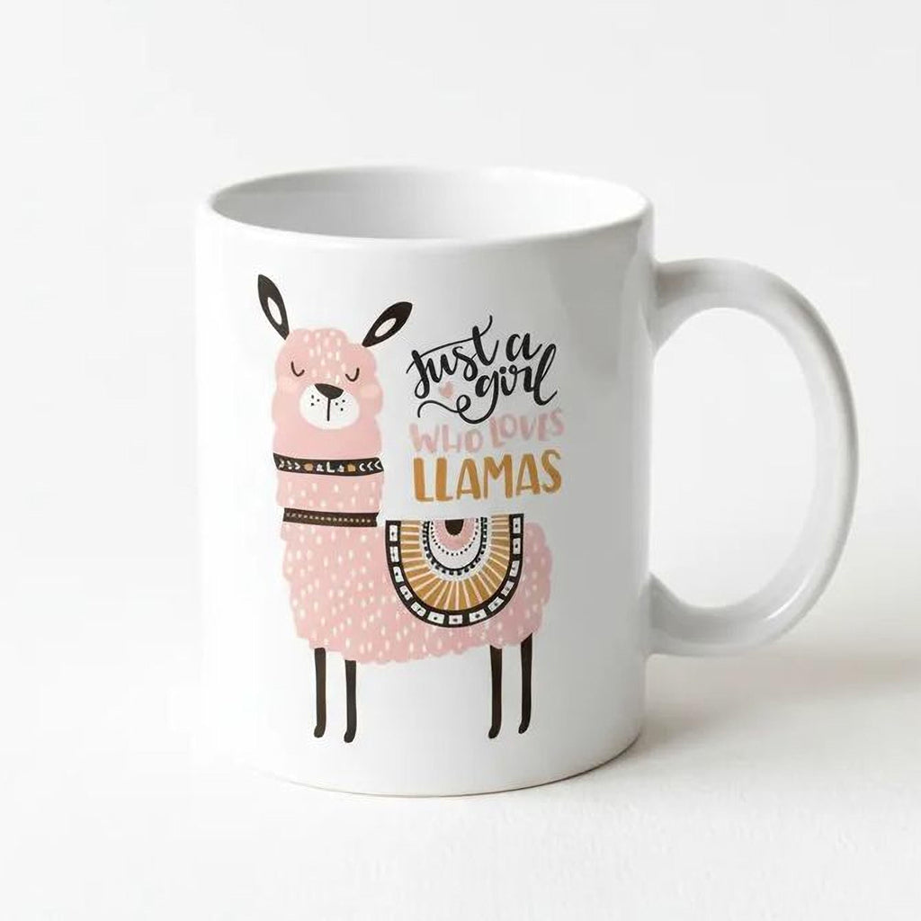 White ceramic mug with llama illustration and 'Just for you who loves llamas' front