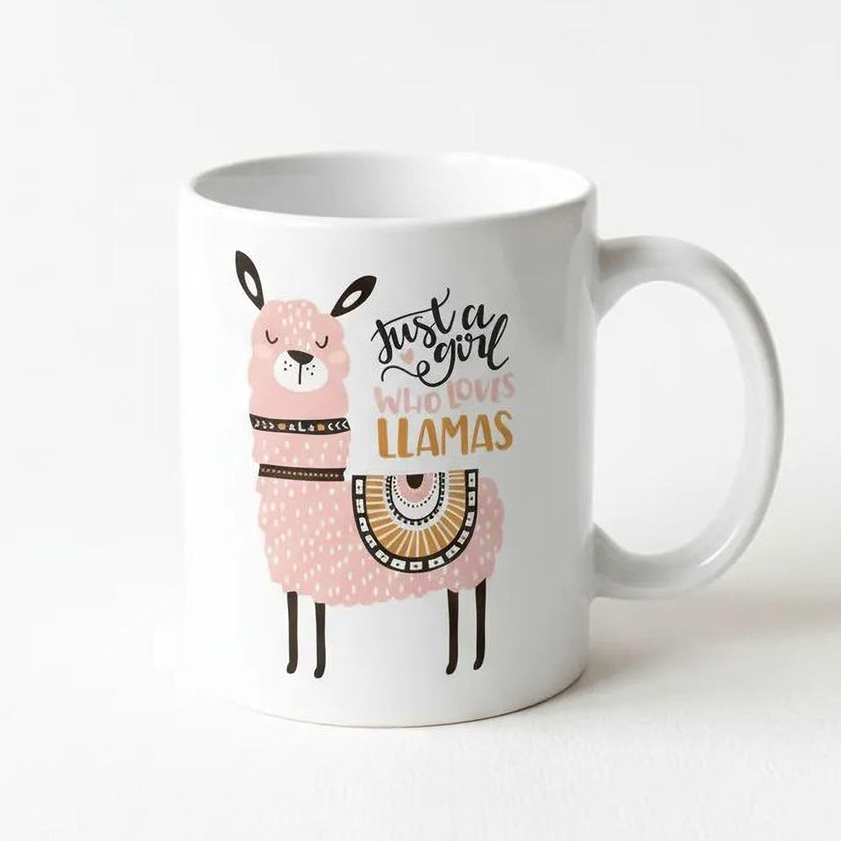 White ceramic mug with llama illustration and 'Just for you who loves llamas' front