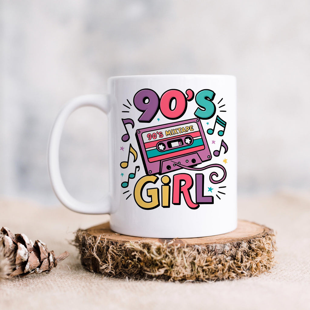 White ceramic mug with centered 90's Girl cassette tape design