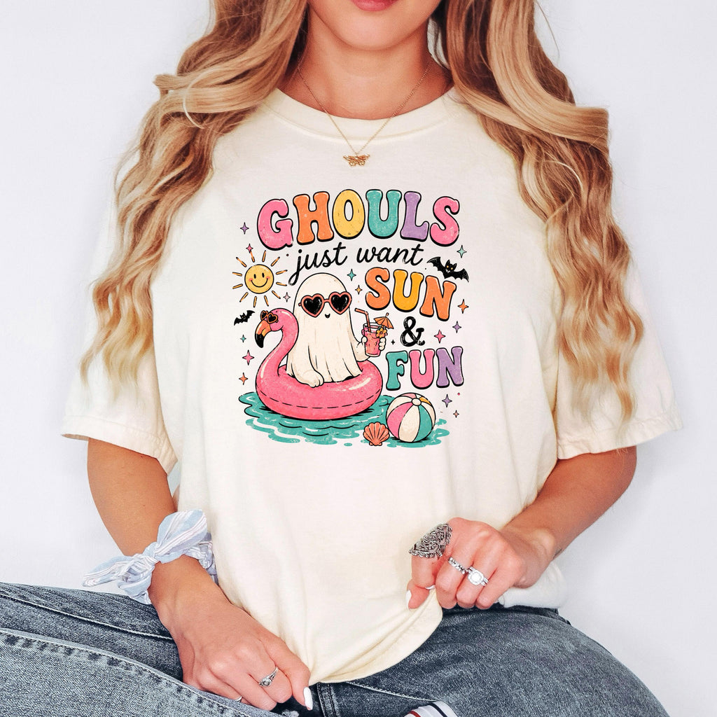 Cream crew-neck T-shirt with “GHOULS just want SUN & FUN” graphic