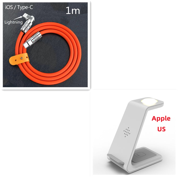 Wireless charger stand with phone holder, white stand and orange Type-C cable