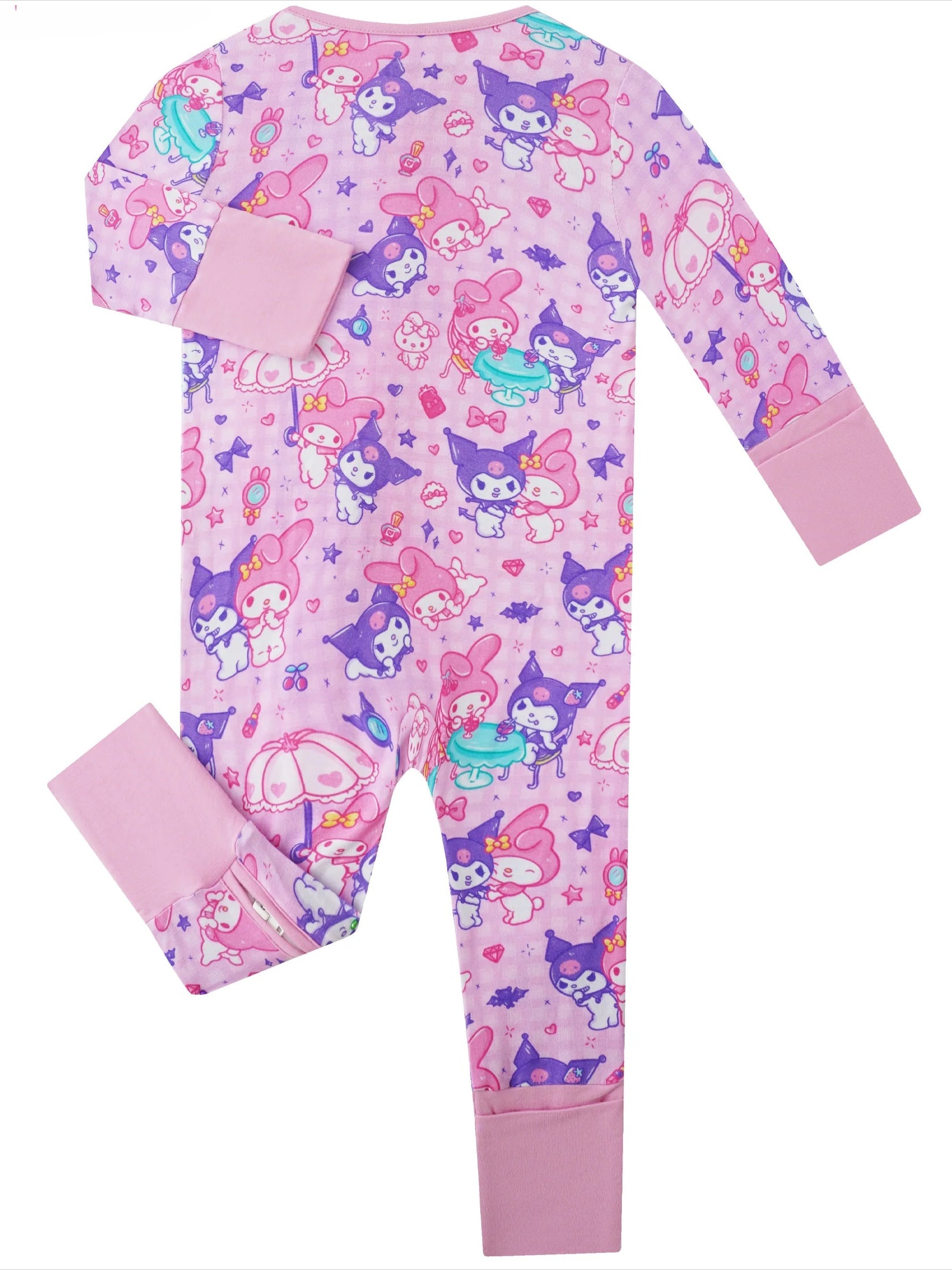 Pink bamboo baby zip romper with allover Kuromi and friends print, back view, 2-way zipper