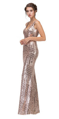 Rose gold sequin floor-length V-neck sleeveless dress with sheer inset panel.