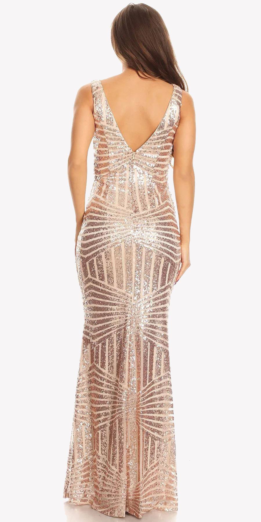 Rose gold sequin floor-length V-back sleeveless dress, back view with sheer inset.