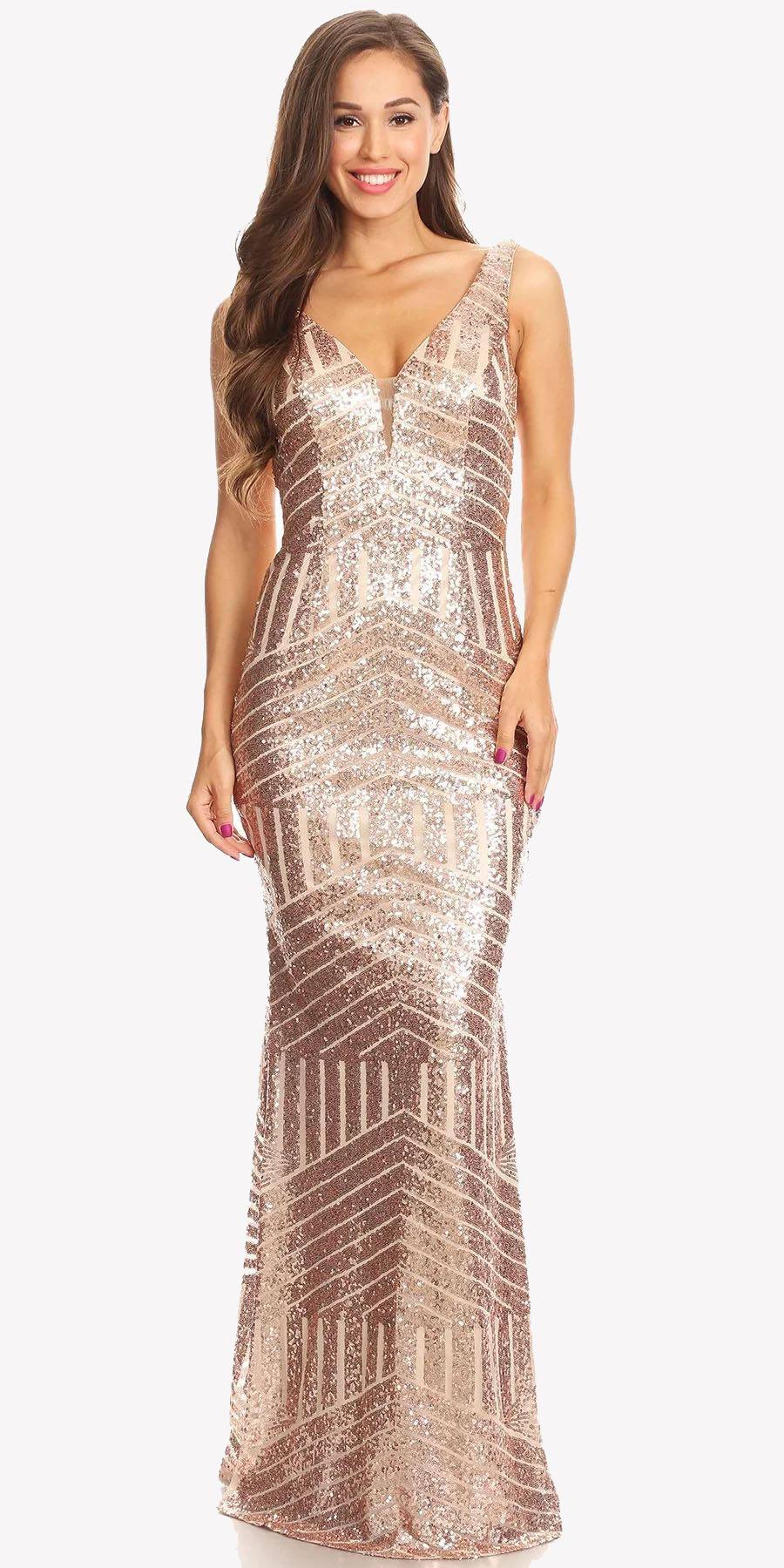 Rose gold sequin floor-length V-neck sleeveless dress, front view with sheer inset.