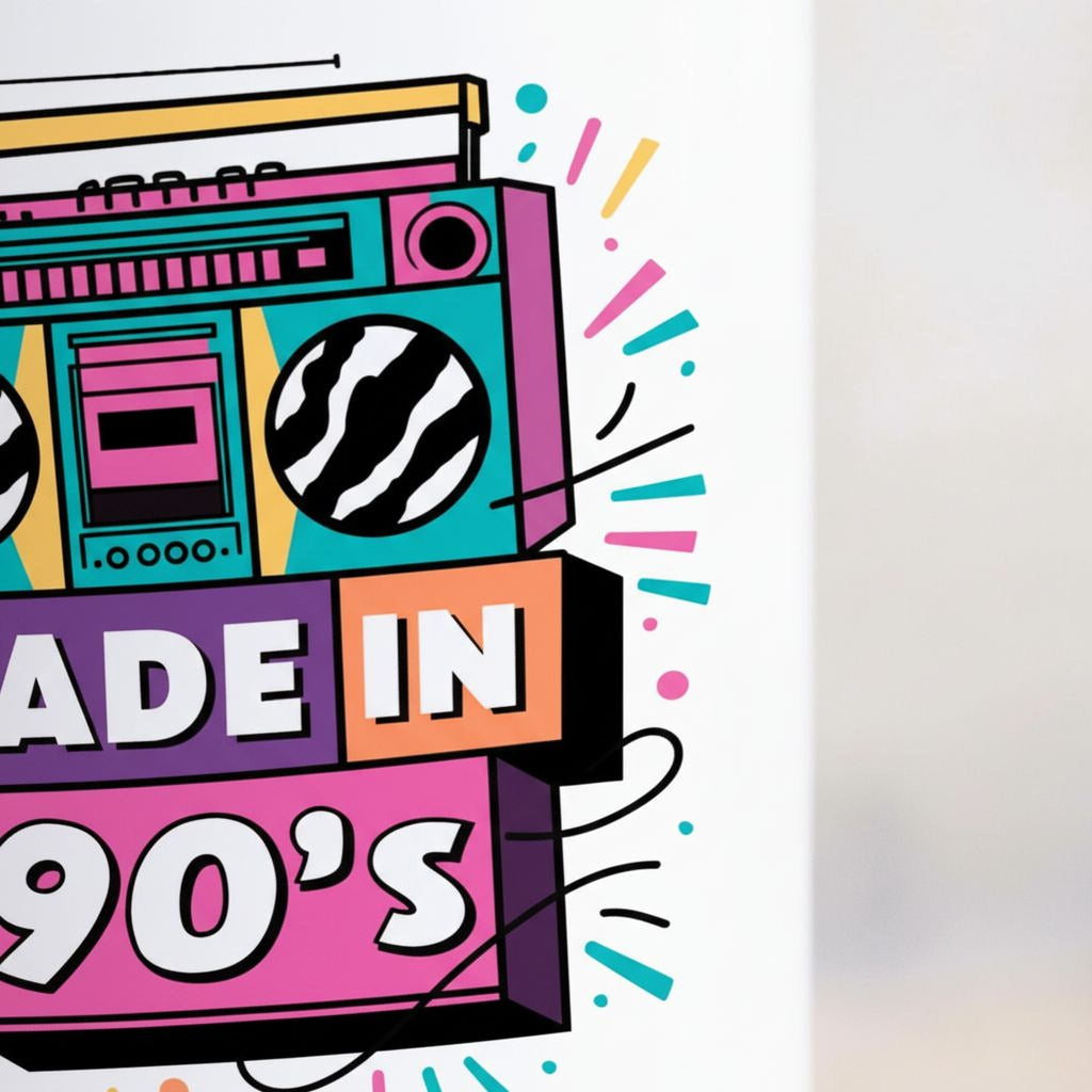 Close-up of white ceramic mug print: “Made in the 90’s” boombox graphic