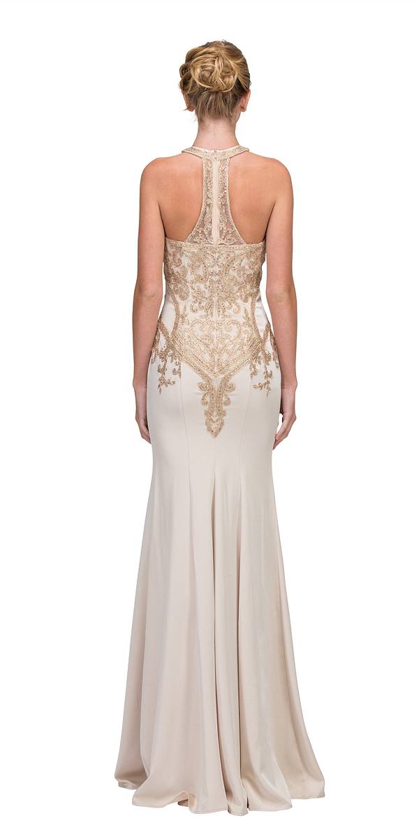 Embroidered halter mermaid long dress, pale blush with gold back detailing
