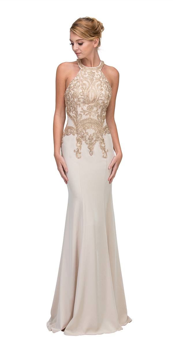Embroidered halter mermaid long dress, pale blush with gold halter neckline