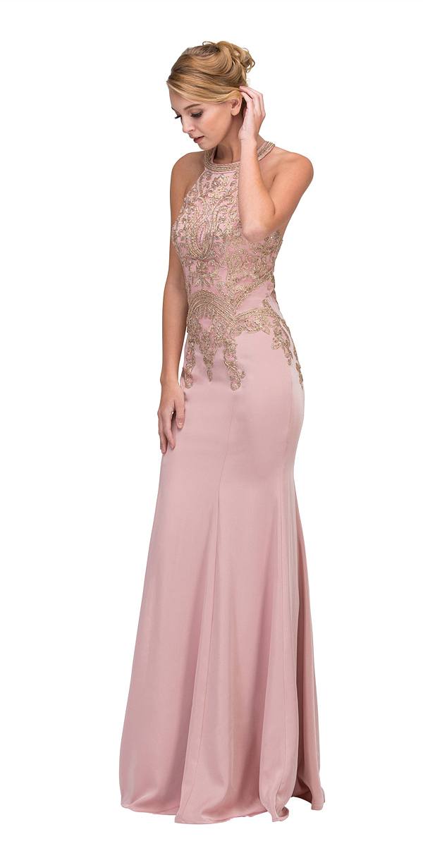 Embroidered halter mermaid long dress, pale blush with gold embroidered bodice