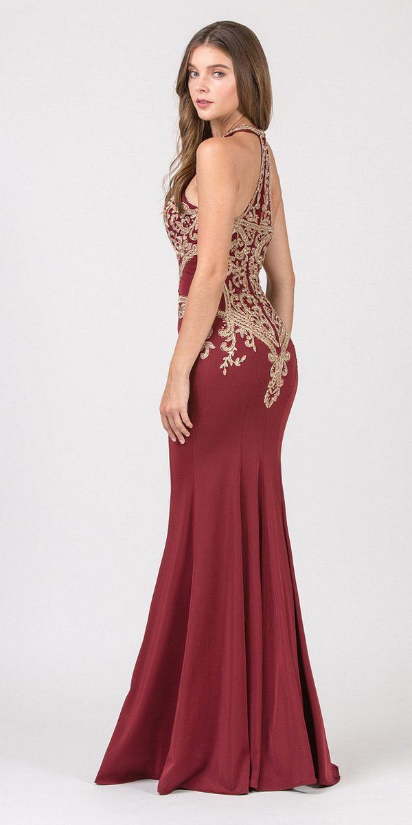 Embroidered halter mermaid long dress, burgundy with gold lace-up style side detail