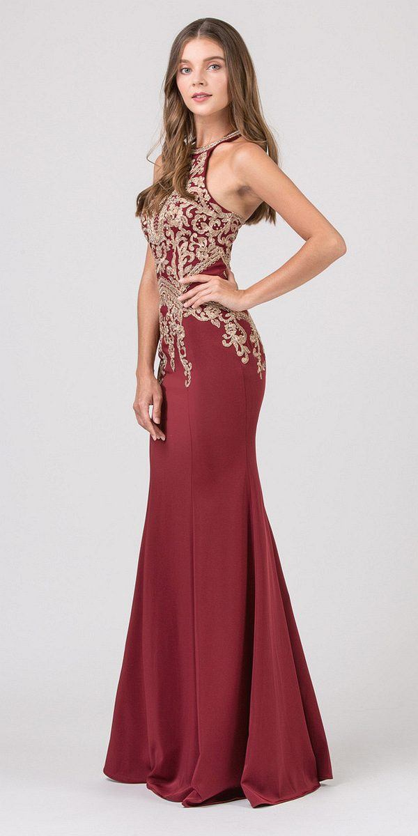 Embroidered halter mermaid long dress, burgundy with gold filigree bodice