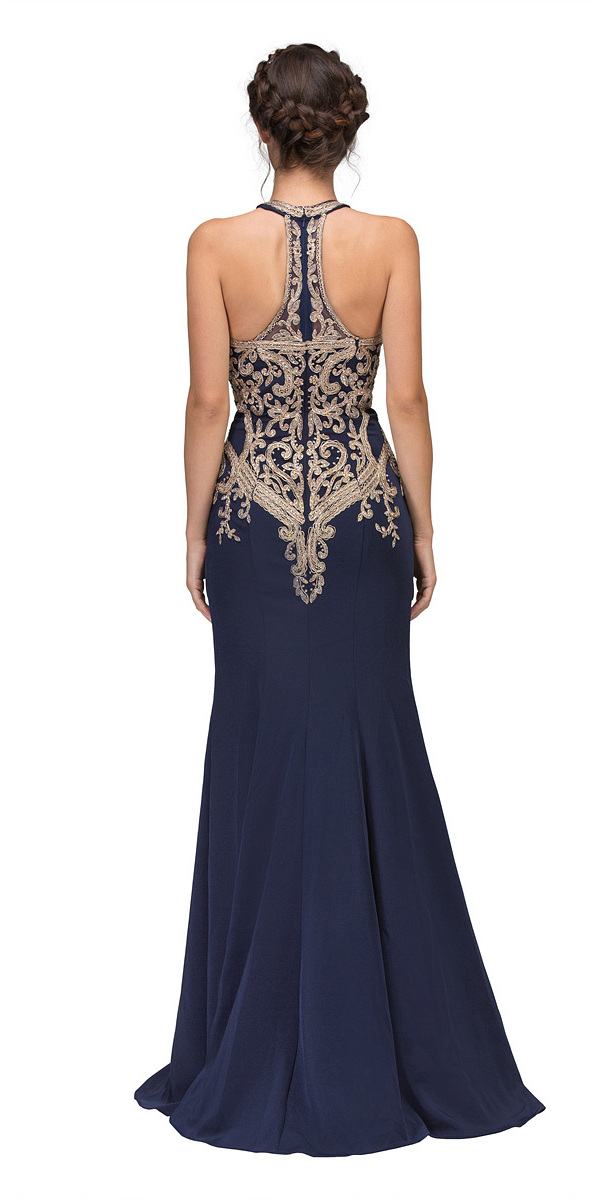 Embroidered halter mermaid long dress, navy blue with gold racerback embroidery