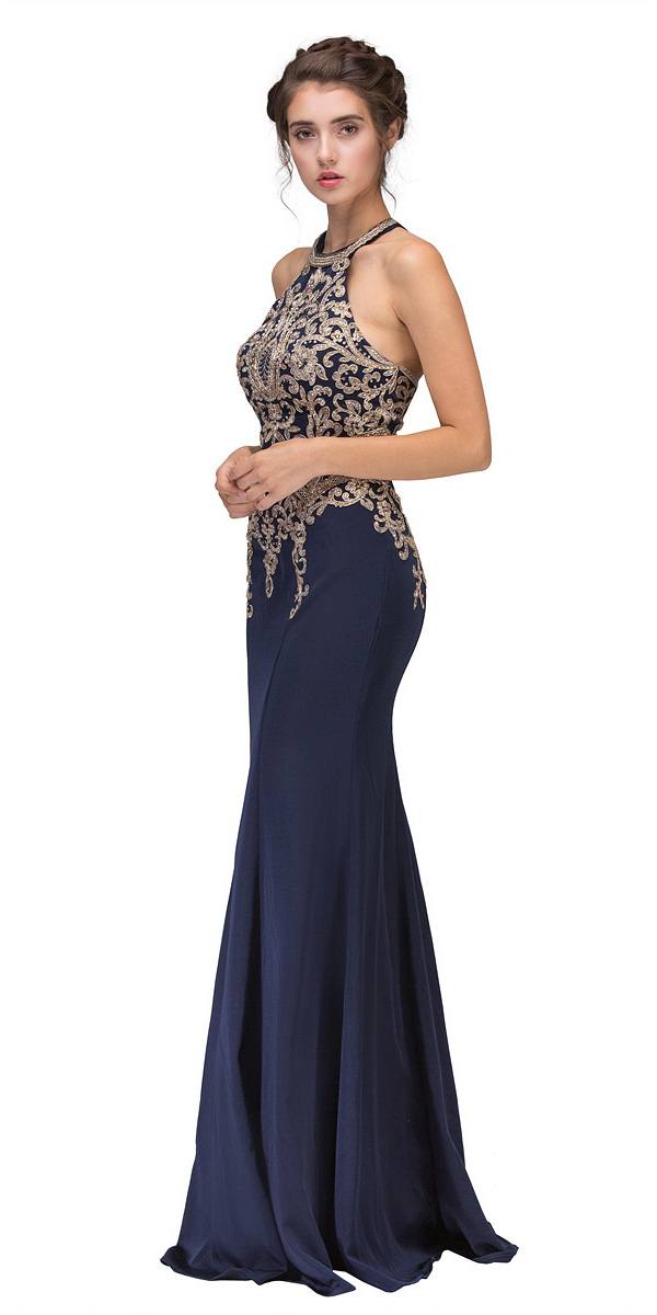 Embroidered halter mermaid long dress, navy blue with gold filigree overlay