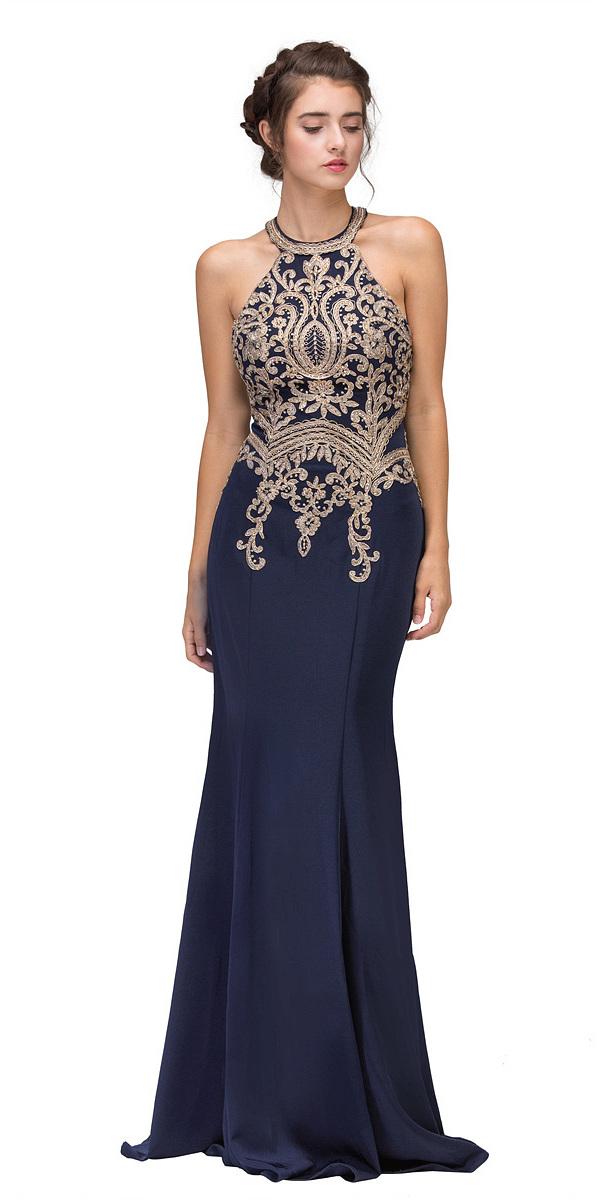 Embroidered halter mermaid long dress, navy blue with gold ornate neckline