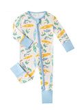 Baby convertible zip romper, full-length sea-animal and surfboard print; light blue zipper