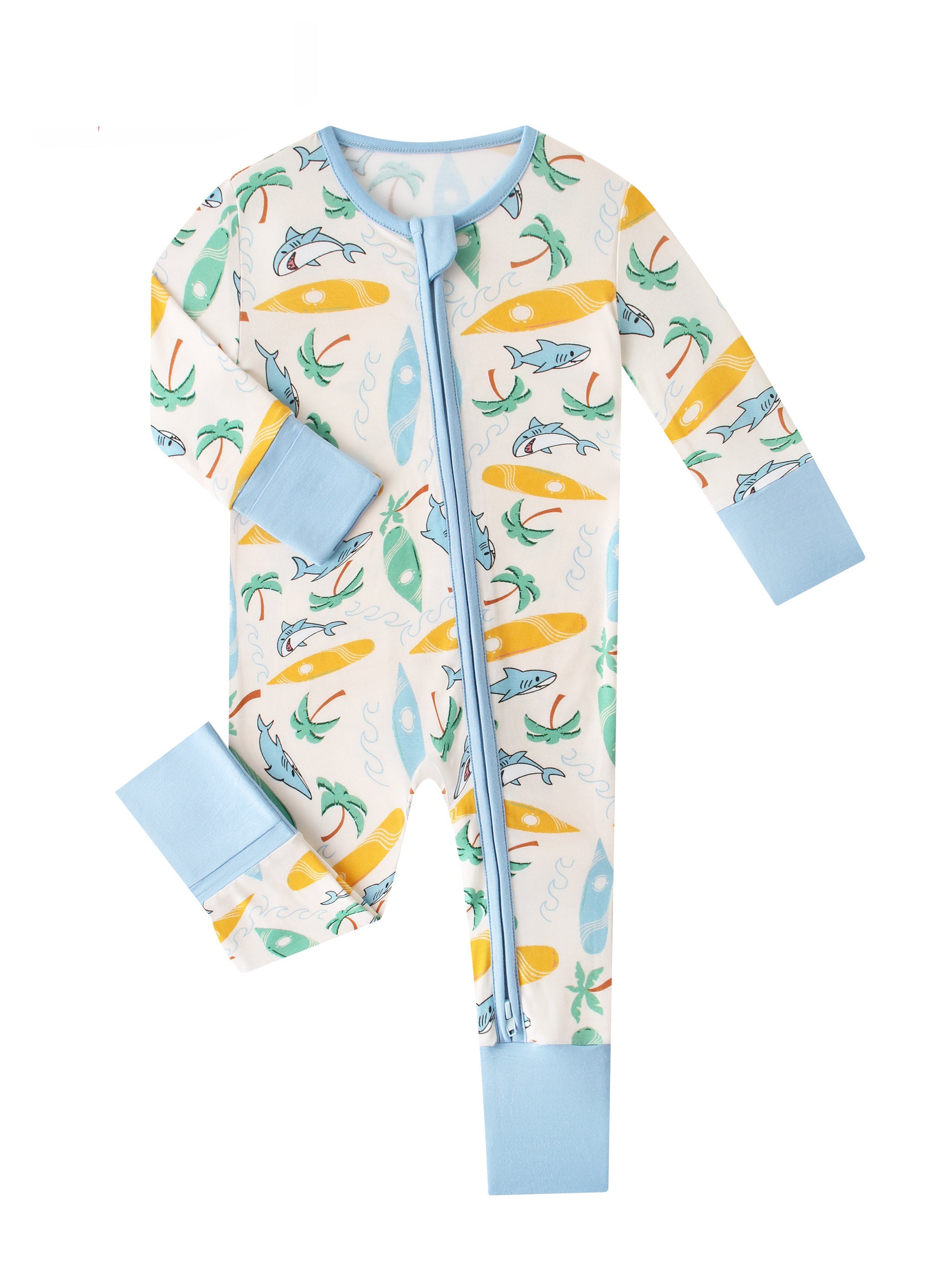 Baby convertible zip romper, full-length sea-animal and surfboard print; light blue zipper