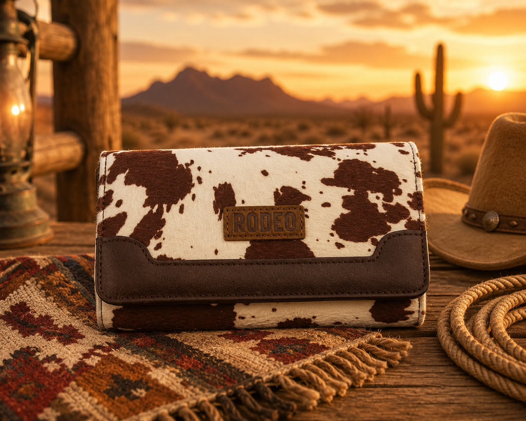 RODEO™ cow print wallet in brown and white with flap and leather trim