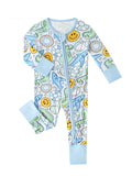 Baby zip romper in light blue with space print, long sleeves, and front zipper