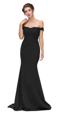 Black off-shoulder long dress with lace appliqué bodice and flared skirt